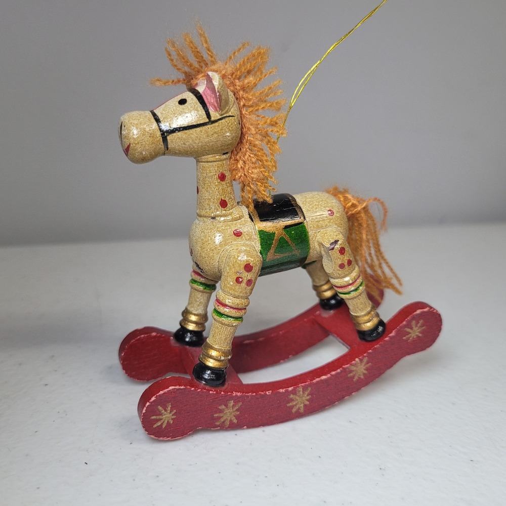 Vintage Wooden Rocking Horse Christmas Ornament Red Green Gold Taiwan